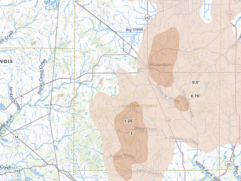 Radar-estimated hail-size map of the storm over Mc Leansboro, IL on Jul 26, 2026