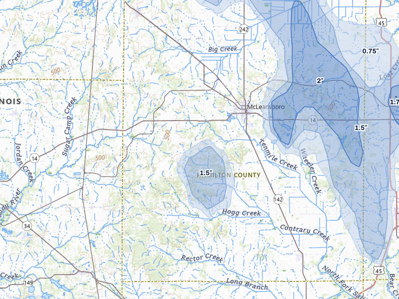NEXRAD radar-signature map of the hail storm over Mc Leansboro, IL on Jul 26, 2026