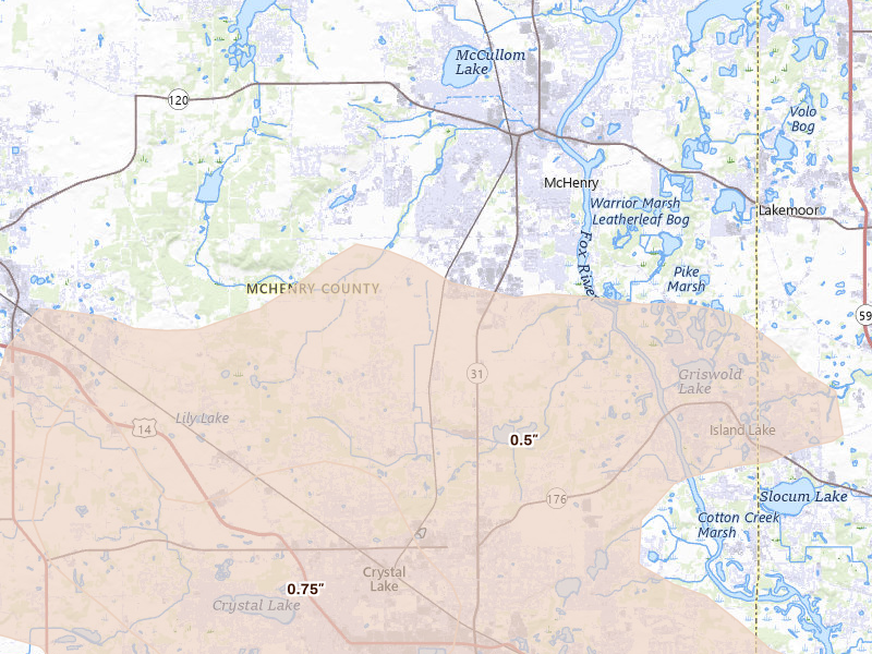 Radar-estimated hail-size map of the storm over Mchenry, IL on Jul 27, 2026