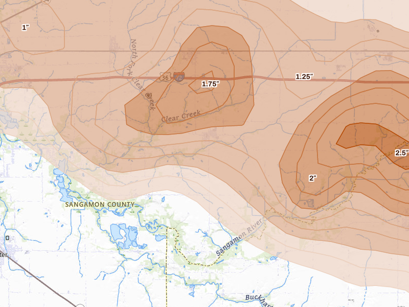 Radar-estimated hail-size map of the storm over Mechanicsburg, IL on Jun 17, 2026