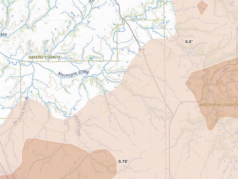 Radar-estimated hail-size map of the storm over Medora, IL on Apr 27, 2026