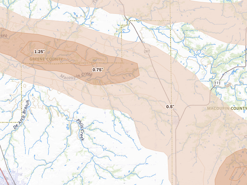 Radar-estimated hail-size map of the storm over Medora, IL on May 3, 2026