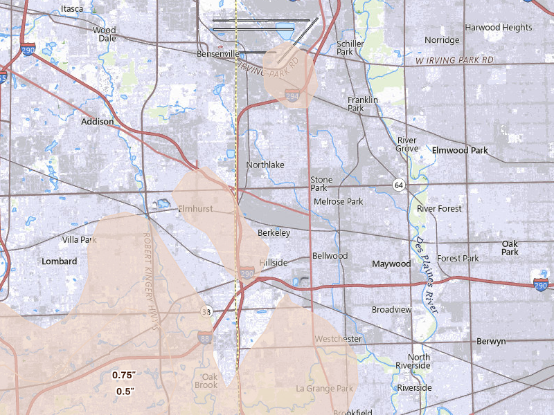 Radar-estimated hail-size map of the storm over Melrose Park, IL on Jun 10, 2026