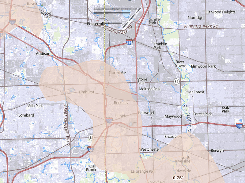 Radar-estimated hail-size map of the storm over Melrose Park, IL on Jun 24, 2026