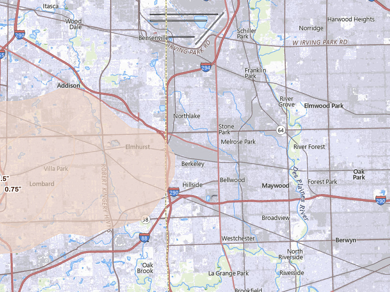 Radar-estimated hail-size map of the storm over Melrose Park, IL on Jul 2, 2026