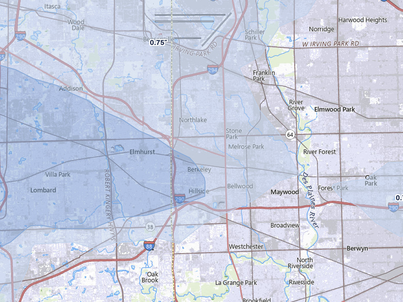 NEXRAD radar-signature map of the hail over Melrose Park, IL