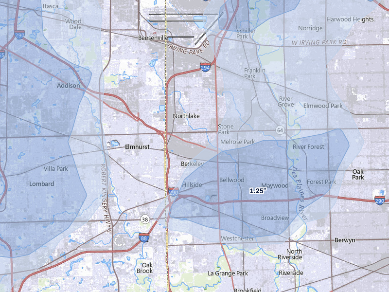 NEXRAD radar-signature map of the hail storm over Melrose Park, IL on Jul 3, 2026