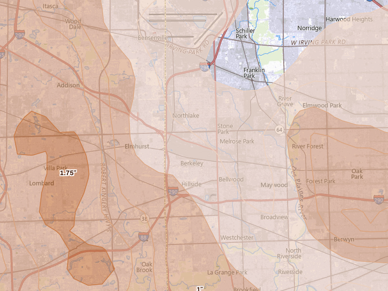 Radar-estimated hail-size map of the storm over Melrose Park, IL on Jul 27, 2026