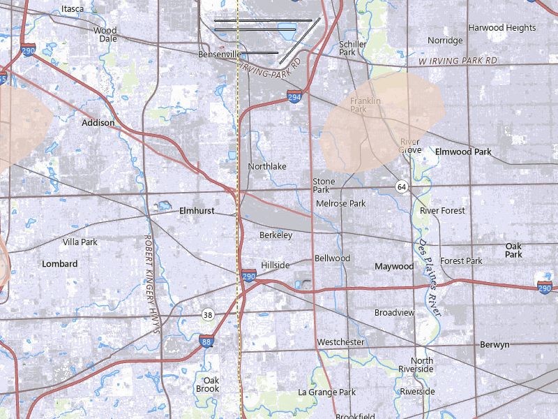 Radar-estimated hail-size map of the storm over Melrose Park, IL on Aug 9, 2026