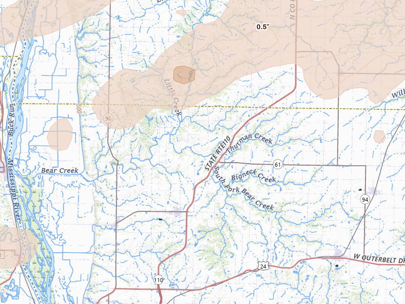 Radar-estimated hail-size map of the storm over Mendon, IL on Jun 11, 2026