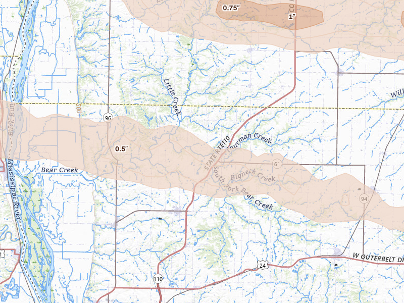 Radar-estimated hail-size map of the storm over Mendon, IL on Jun 17, 2026