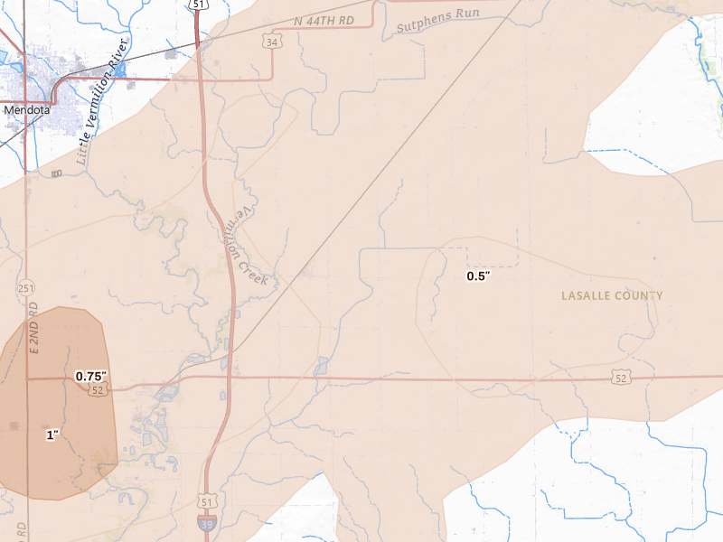 Radar-estimated hail-size map of the storm over Mendota, IL on Mar 10, 2026