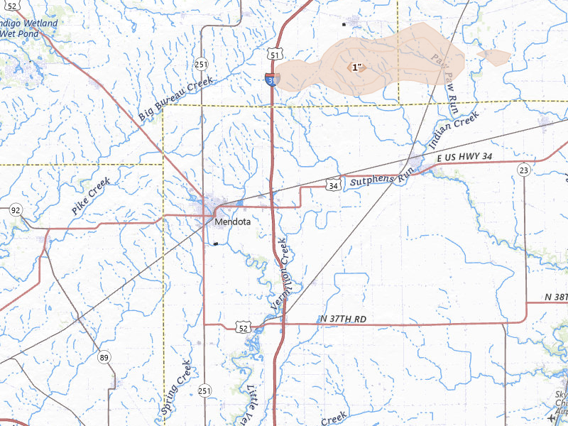 Radar-estimated hail-size map of the storm over Mendota, IL on Mar 31, 2026
