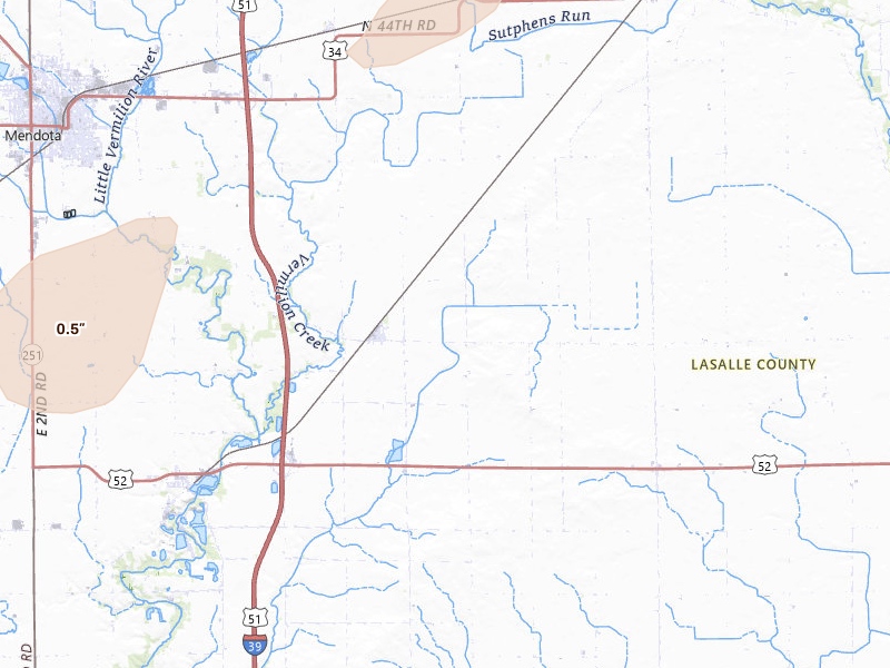 Radar-estimated hail-size map of the storm over Mendota, IL on Jul 3, 2026