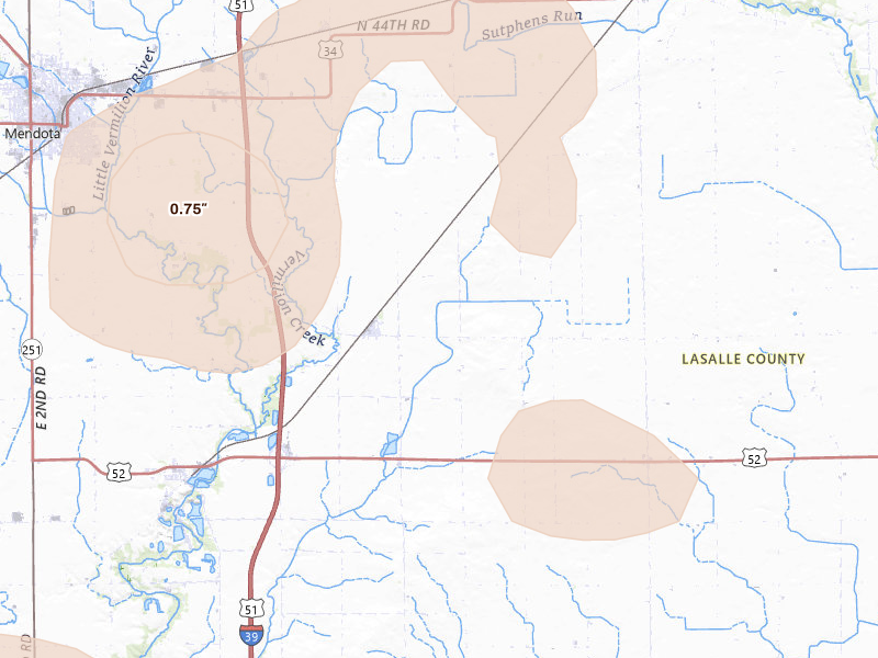 Radar-estimated hail-size map of the storm over Mendota, IL on Jul 4, 2026