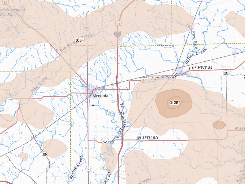 Radar-estimated hail-size map of the storm over Mendota, IL on Aug 11, 2026