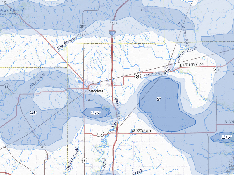 NEXRAD radar-signature map of the hail storm over Mendota, IL on Aug 11, 2026