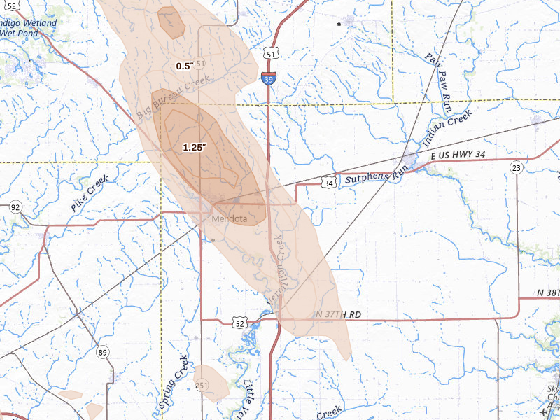 Radar-estimated hail-size map of the storm over Mendota, IL on Aug 21, 2026