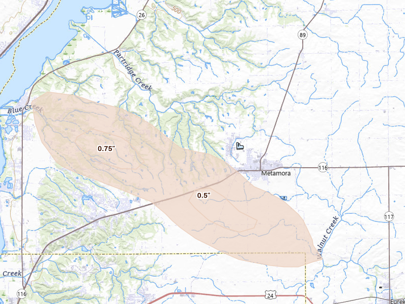 Radar-estimated hail-size map of the storm over Metamora, IL on Jun 24, 2026