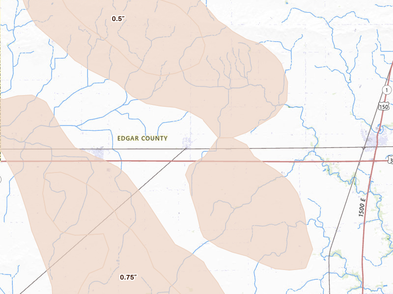 Radar-estimated hail-size map of the storm over Metcalf, IL on Jul 27, 2026
