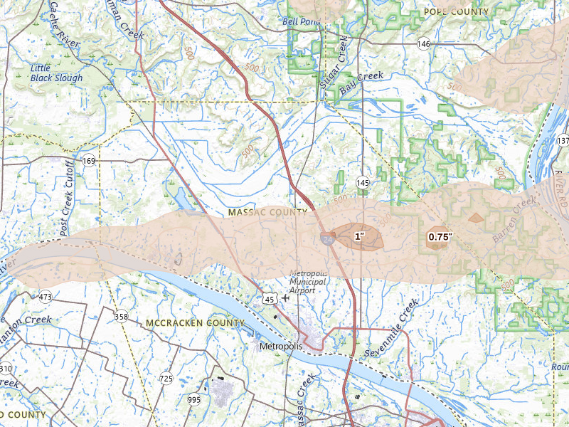 Radar-estimated hail-size map of the storm over Metropolis, IL on Apr 27, 2026
