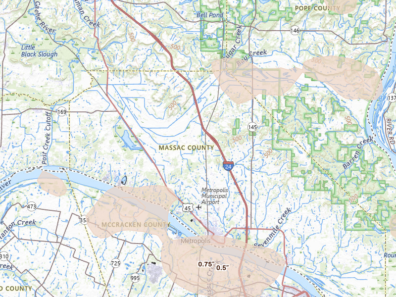 Radar-estimated hail-size map of the storm over Metropolis, IL on May 31, 2026