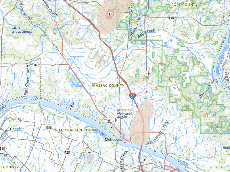 Radar-estimated hail-size map of the storm over Metropolis, IL on Jul 3, 2026