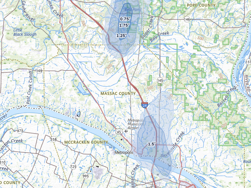 NEXRAD radar-signature map of the hail storm over Metropolis, IL on Jul 3, 2026