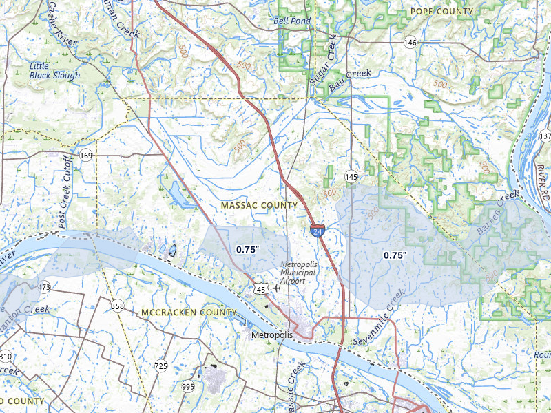 NEXRAD radar-signature map of the hail storm over Metropolis, IL on Jul 9, 2026