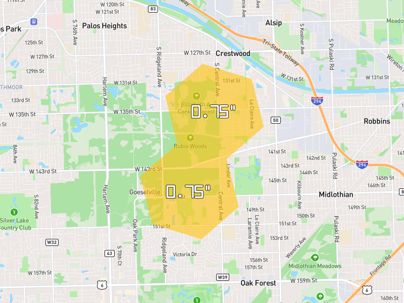 Hail map of Midlothian, IL on Jul 21, 2026, hail up to 0.75"