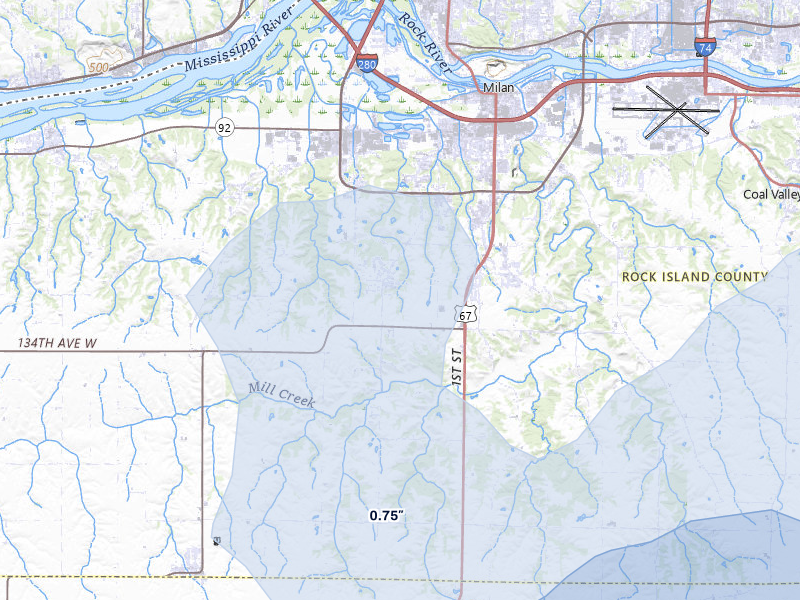 NEXRAD radar-signature map of the hail over Milan, IL
