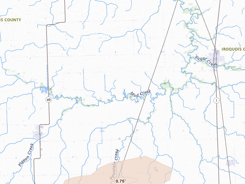 Radar-estimated hail-size map of the storm over Milford, IL on Apr 3, 2026