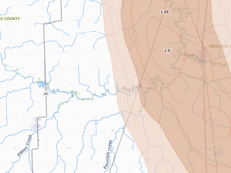 Radar-estimated hail-size map of the storm over Milford, IL on Jul 27, 2026