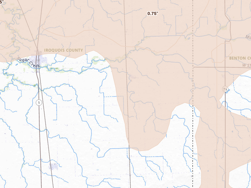 Radar-estimated hail-size map of the storm over Milford, IL on Aug 9, 2026