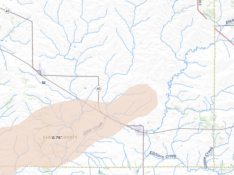 Radar-estimated hail-size map of the storm over Milledgeville, IL on Jul 3, 2026