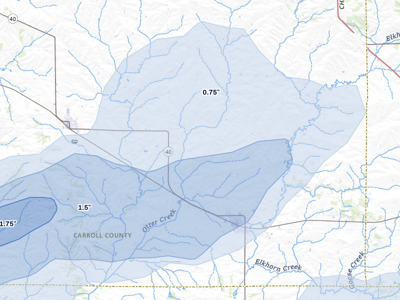 NEXRAD radar-signature map of the hail over Milledgeville, IL