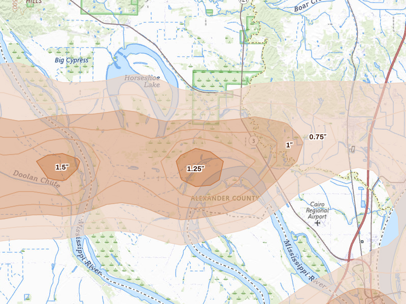 Radar-estimated hail-size map of the storm over Miller City, IL on Apr 16, 2026