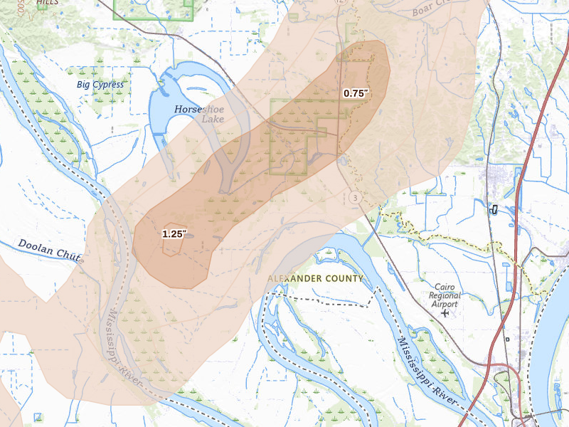 Radar-estimated hail-size map of the storm over Miller City, IL on Apr 26, 2026
