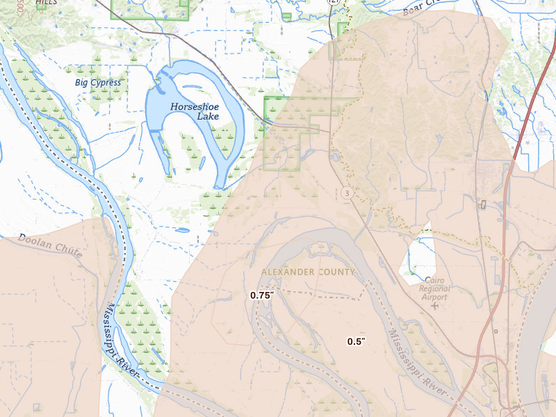 Radar-estimated hail-size map of the storm over Miller City, IL on Jun 8, 2026