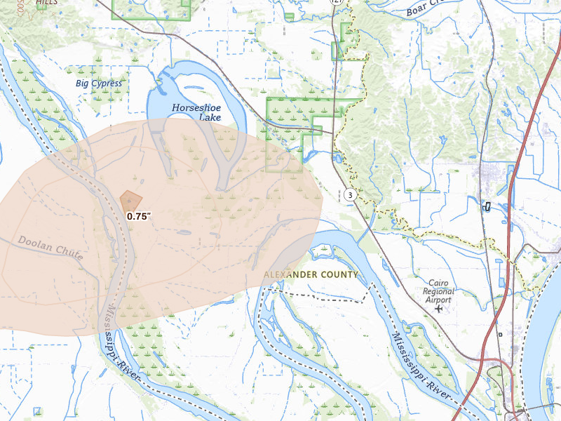 Radar-estimated hail-size map of the storm over Miller City, IL on Jun 26, 2026