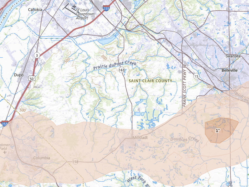 Radar-estimated hail-size map of the storm over Millstadt, IL on Apr 26, 2026