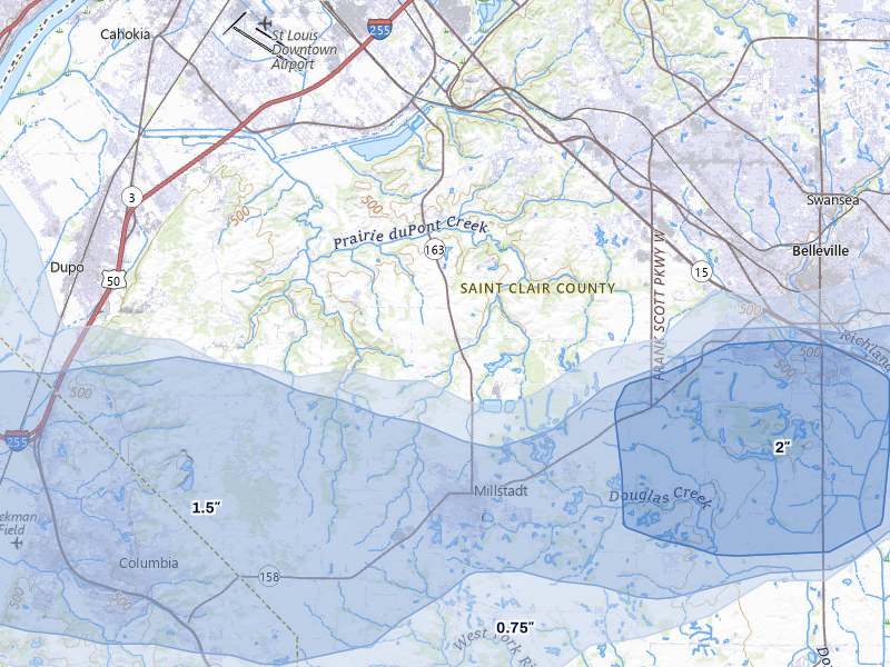 NEXRAD radar-signature map of the hail over Millstadt, IL