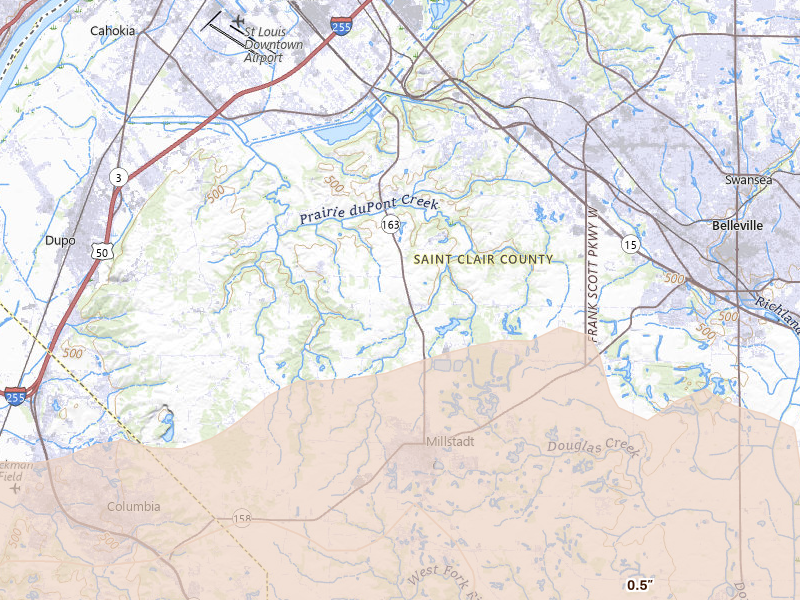 Radar-estimated hail-size map of the storm over Millstadt, IL on Apr 27, 2026