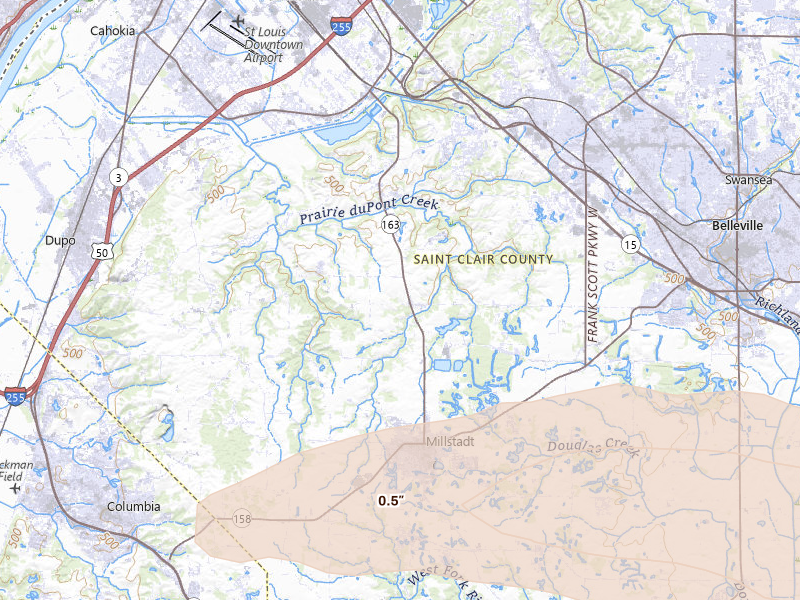 Radar-estimated hail-size map of the storm over Millstadt, IL on May 4, 2026