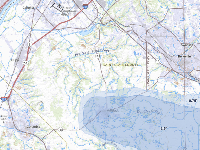 NEXRAD radar-signature map of the hail storm over Millstadt, IL on May 4, 2026