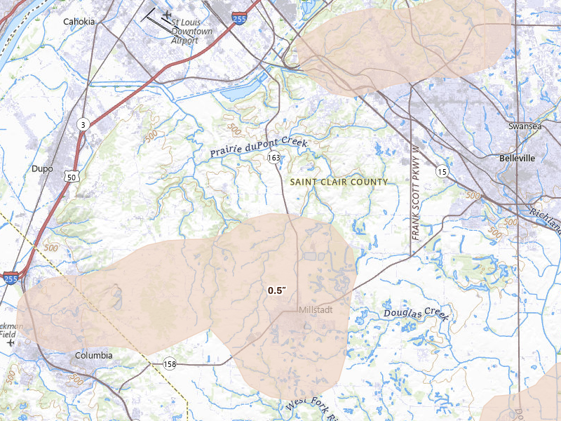 Radar-estimated hail-size map of the storm over Millstadt, IL on May 31, 2026