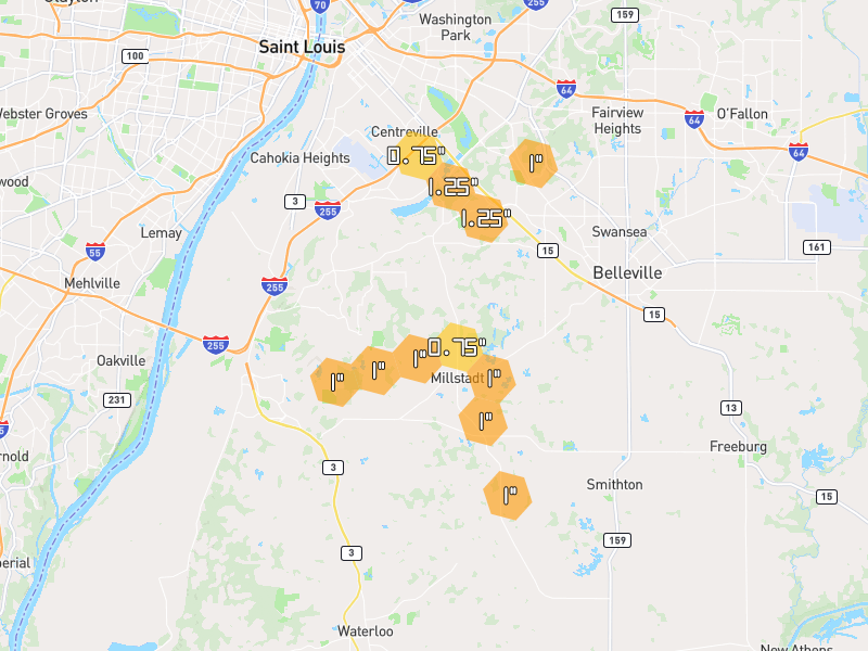 Hail map of Millstadt, IL on Jun 1, 2026, hail up to 1.25"