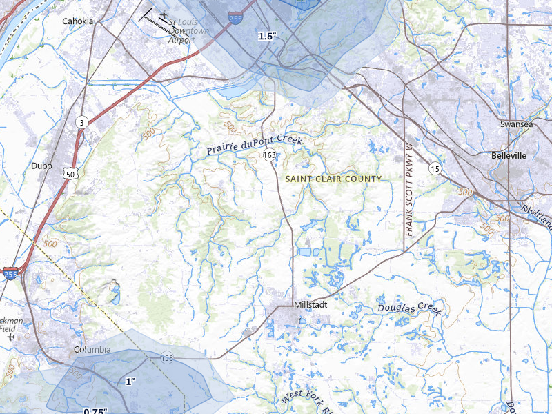 NEXRAD radar-signature map of the hail over Millstadt, IL