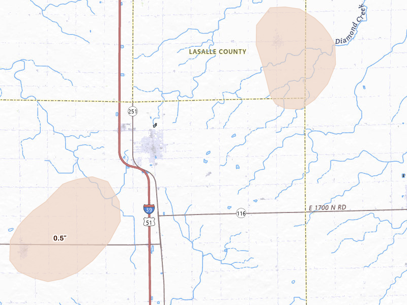 Radar-estimated hail-size map of the storm over Minonk, IL on Jul 4, 2026