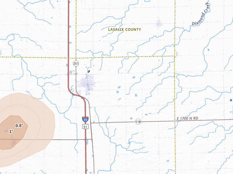 Radar-estimated hail-size map of the storm over Minonk, IL on Jul 9, 2026